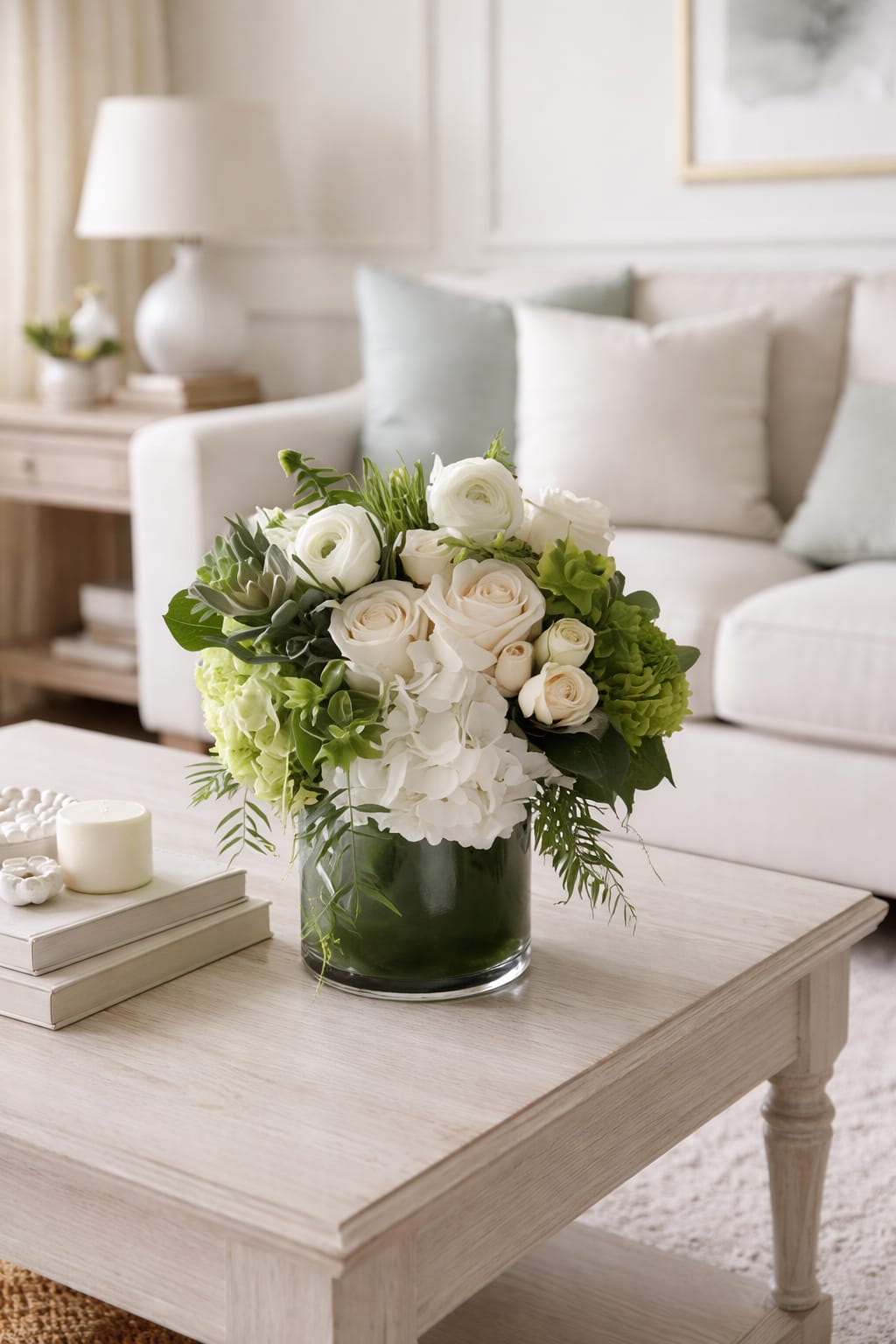 White and green floral arrangement in a glass vase on a coffee table