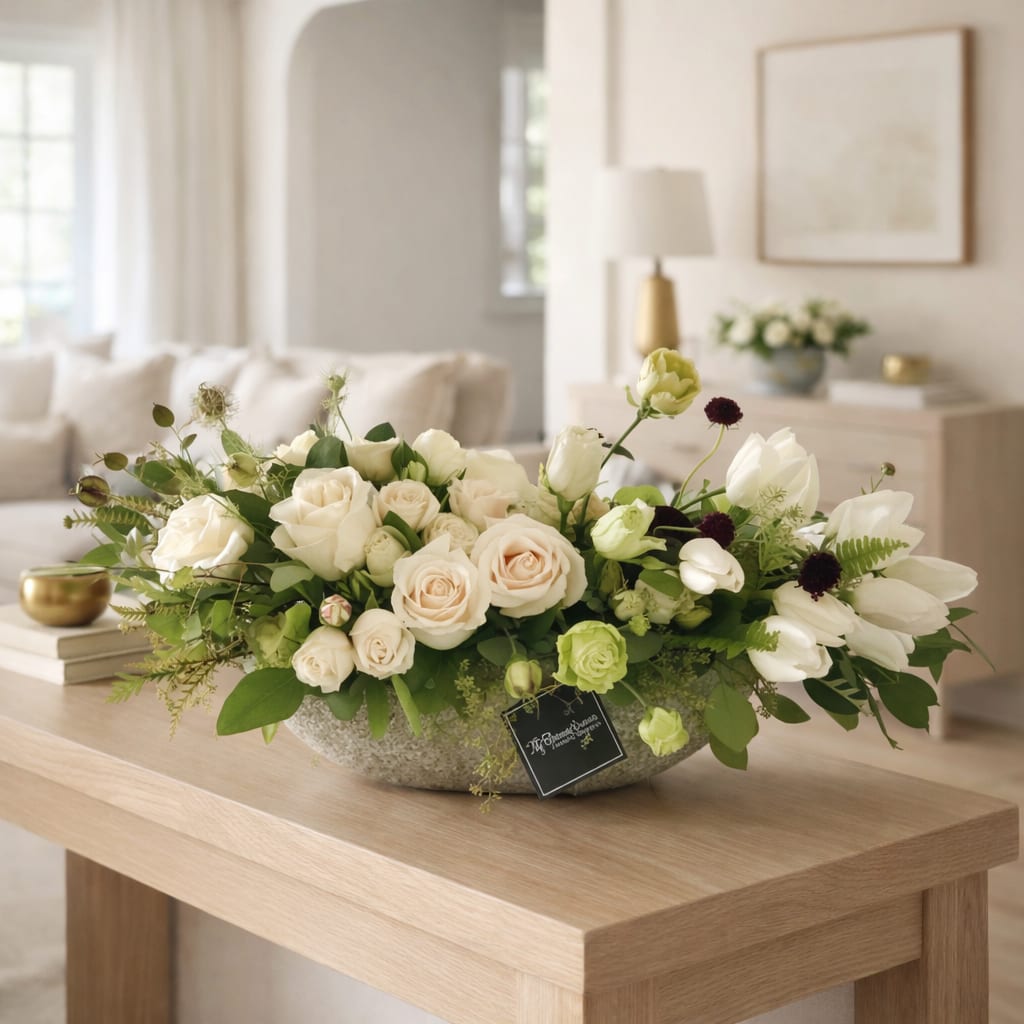Bianca  - Introducing Blanca, the perfect flower arrangement to bring some tranquility and elegance to your home. Reminiscent of a pure white garden, this arrangement of white ranunculus, tulips, roses, lisianthus and spray roses are sure to bring a ray of sunshine into your life - no matter the season! 