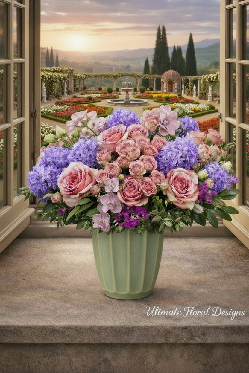 Petals of Amour - An elegant harmony of color and texture, this refined arrangement showcases premium garden roses, delicate spray roses, soft lavender hyacinths, and graceful phalaenopsis orchids. Designed in a lush, low dome style, it captures the beauty of a romantic garden in full bloom, framed by timeless European charm.  The gentle blend of blush pinks and softened purples creates a sophisticated and calming palette, making this piece perfect for birthdays, anniversaries, or sending a meaningful gesture with lasting impression.  Each arrangement is thoughtfully handcrafted using the finest seasonal blooms, ensuring a unique and luxurious floral experience.  Same-day flower delivery available in Great Falls, McLean, Vienna, Reston, Arlington, and Washington, DC.