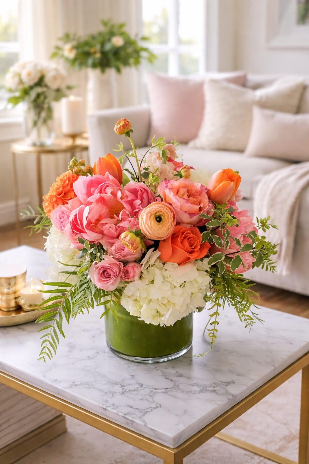 Jubilee - Celebrate life’s brightest moments with our Jubilee arrangement, a lush and joyful design styled in a modern 5x6 clear glass cylinder vase. Designed with premium orange and peach seasonal blooms, this vibrant bouquet brings warmth, elegance, and effortless beauty to any home or celebration.  The pictured Jubilee arrangement features stunning ranunculus, tulips, roses, hydrangeas, peony and dahlias, thoughtfully arranged for a full, garden-inspired look with rich texture and soft dimension. Its fresh citrus-peach palette makes it perfect for , anniversaries, thank-you gifts, congratulations, or simply brightening someone’s day.  Ideal for coffee tables, dining tables, kitchen islands, or office desks, Jubilee adds a cheerful yet refined statement to any space.  We proudly offer local flower delivery. If a specific bloom is out of season, substitutions may occur with another premium flower of equal or greater value while maintaining the overall color palette, style, and quality of the design.  Order Jubilee today for reliable local flower delivery and a design that feels fresh, uplifting, and beautifully handcrafted.