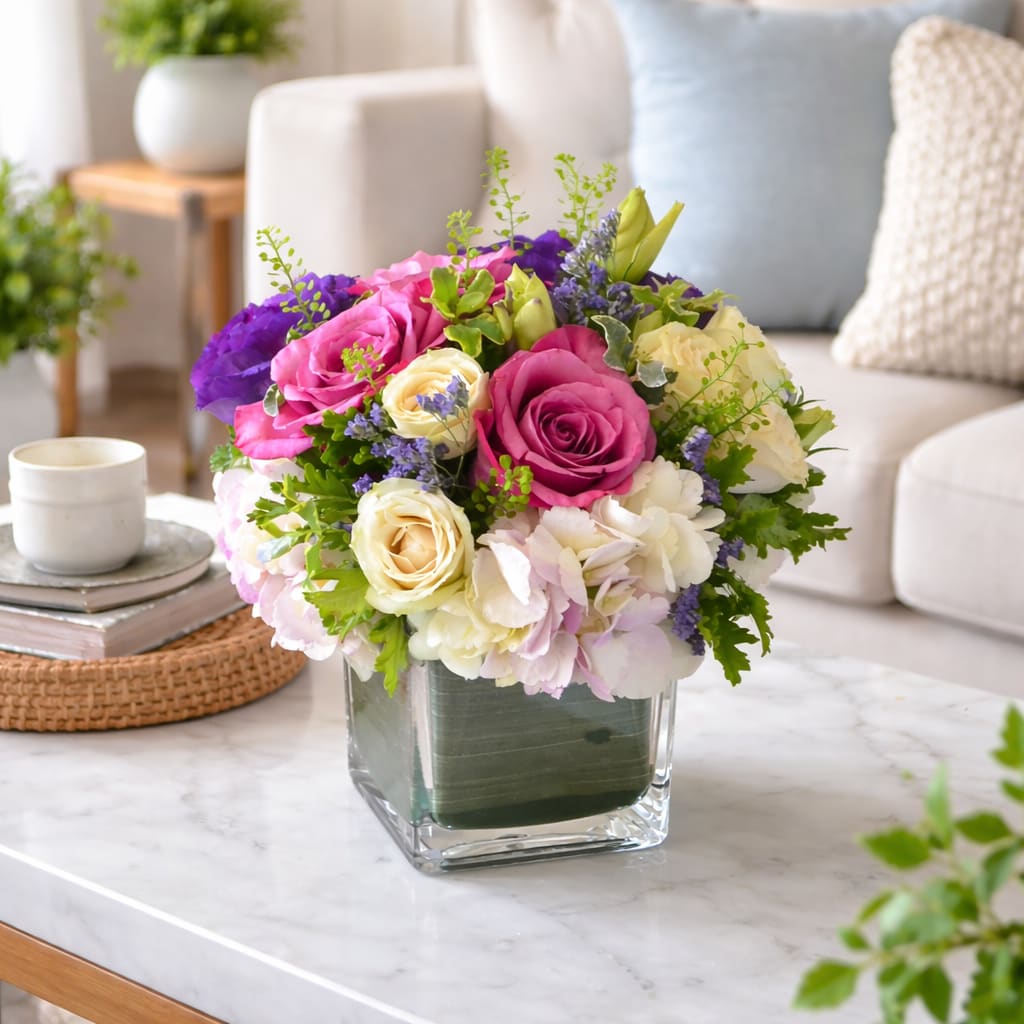 Lavender Grace  - The Lavender grace arrangement is a mixture of white and green hydrangeas, Purple lisianthus, Lavender roses, white spray roses in a lined clear glass cube. The arrangement pictured is the standard size 4X4 glass cube, the deluxe size is the same size container, but will contain  more blooms .  Premium size is 5X5 clear glass cube vase  and will be filled to it's value. 