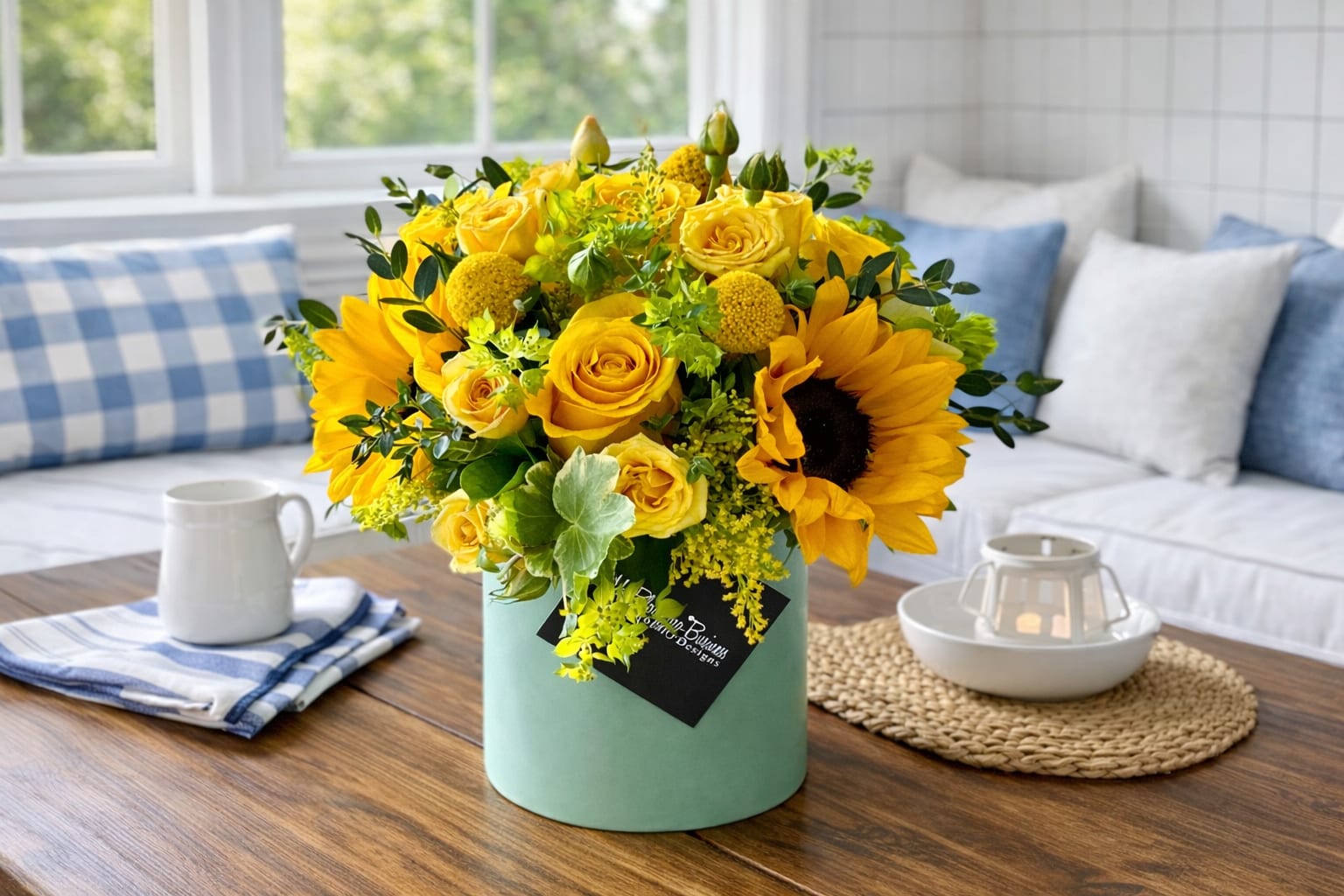 Little Miss Sunshine  - The Little Miss Sunshine arrangement is the perfect way to capture the joy and spirit of summer in your home or office. This elegant vase arrangement contains vibrant yellow roses, sunflowers and other seasonal flowers which will light up any dull corner. The bright mint green container adds a lovely contrast to the cheerful arrangement of blooms. With its casually classic presentation, The Little Miss Sunshine is ideal for a wide range of occasions and settings. Whether it's a housewarming gift, an elegant salon center piece, or just something to sweeten up your day, this unique flower arrangement is sure to do the trick!