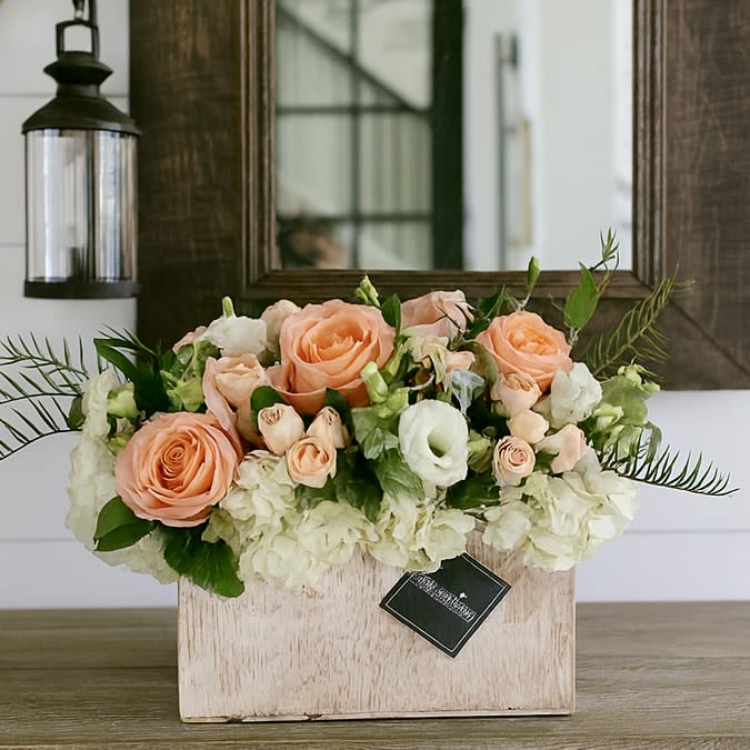 Chantilly - Introducing Chantilly, the whimsical wonder that will make your heart sing with joy! Prepare to be swept away by its breathtaking beauty and charming charisma. This white wash wood box is not your average floral arrangement, oh no! It is a work of art, carefully crafted to bring a touch of elegance and enchantment into any space. 