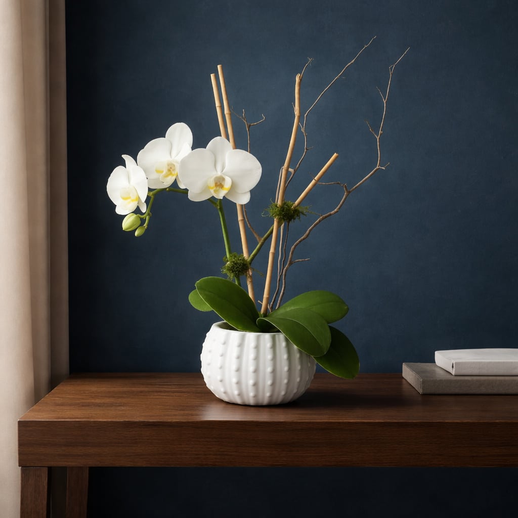 White orchid arrangement in a textured white pot on a wooden table