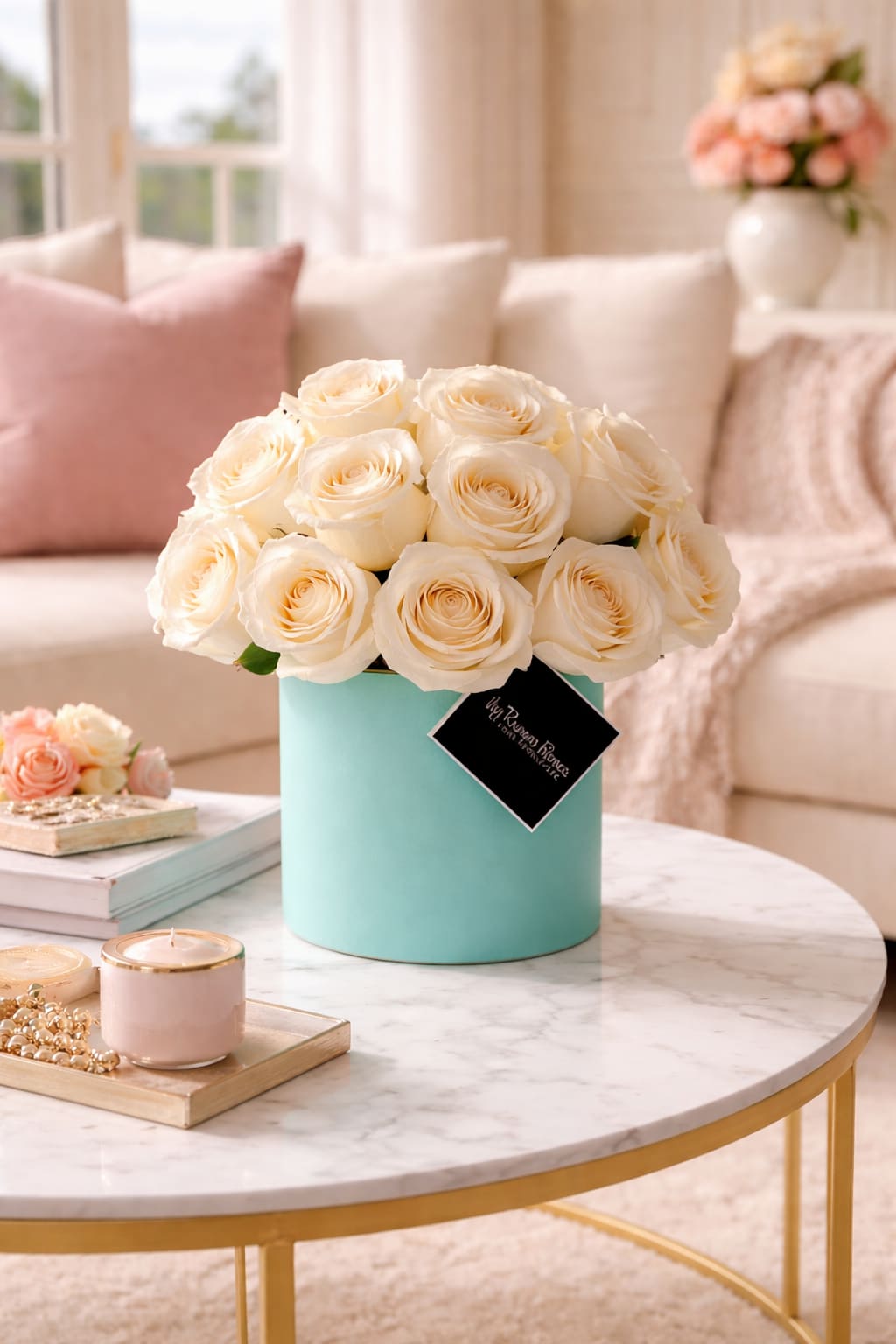 Tiffany Arrangement by My Blooming Business - Tiffany Arrangement by My Blooming Business  Simple. Elegant. Iconic. The Tiffany arrangement is a timeless floral statement featuring 20 creamy white roses beautifully arranged in a sleek Tiffany-blue cylinder vase. This design blends luxury and minimalism, making it perfect for any modern space, romantic gesture, or stylish celebration.  Crafted by My Blooming Business, a top-rated flower shop in Los Angeles, this arrangement captures the essence of effortless sophistication with a nod to classic glamour.  Available for same-day delivery throughout Los Angeles, San Fernando Valley, and San Gabriel Valley.