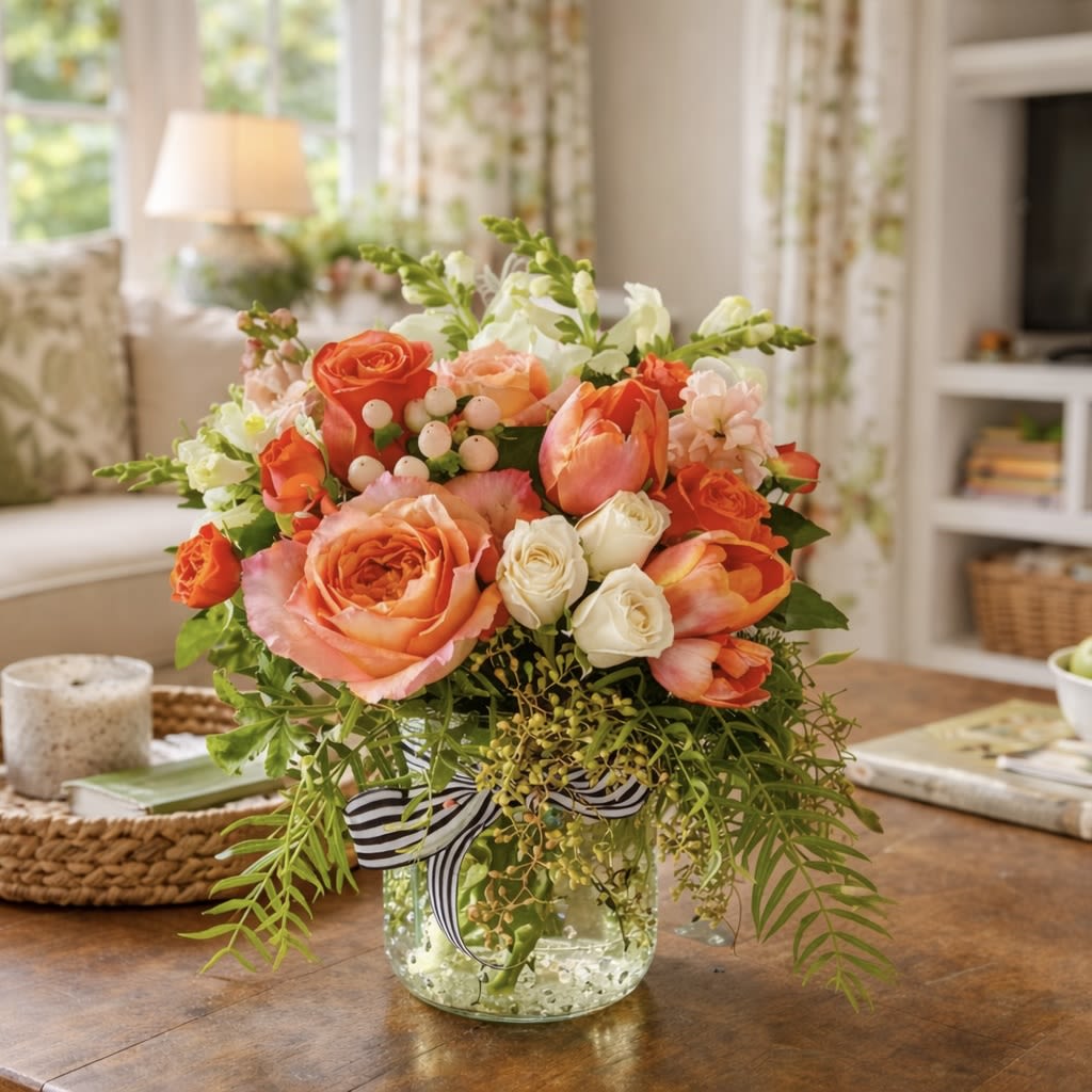 Melina Arrangement by My Blooming Business   - Melina Arrangement by My Blooming Business    Add a splash of vibrant charm to any space with the Melina Arrangement by My Blooming Business. Designed in our signature clear hobnail vase, Melina is packed with a lush blend of seasonal florals that exude texture, color, and elegance. This eye-catching arrangement features cream and orange roses, delicate spray roses, tulips, snapdragons, and a mix of fresh greenery—making it perfect for  celebrations, or just because.  Top rated on Google, Yelp, and BloomNation. We proudly deliver throughout Los Angeles, including the San Fernando Valley and San Gabriel Valley.