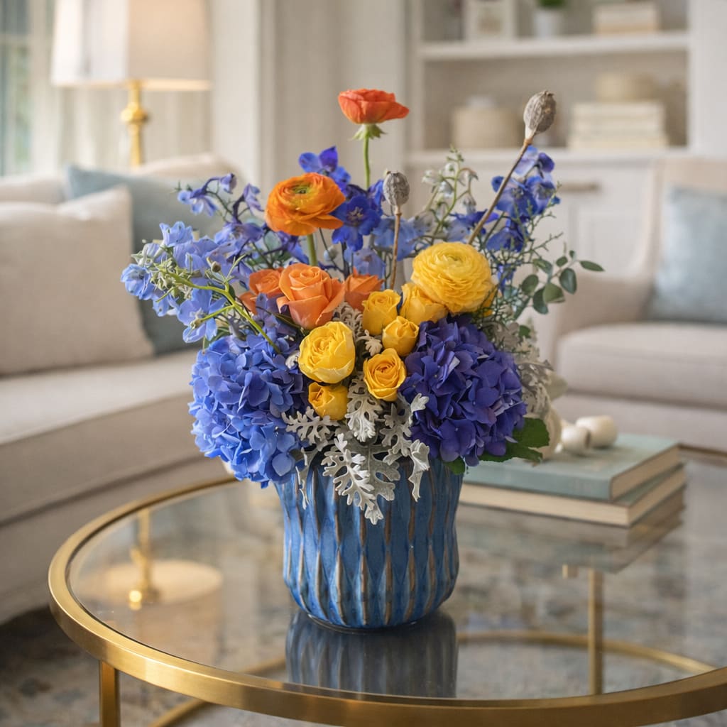 Monet - Introducing Monet – the bold and beautiful bouquet inspired by the captivating paintings of French artist Claude Monet. This eye-catching arrangement is guaranteed to brighten up any room. Sure to be the talk of your next gathering, this exquisite bouquet contains bright blue hydrangeas, sunny yellow and orange ranunculus, and stunning blue delphinium, all creatively arranged in a brilliant blue vase. Whether you're giving it as a present to a loved one or keeping it for yourself, the Monet bouquet will bring a pop of color and cheer into any home. So why not indulge yourself or someone special today with the luxurious Monet bouquet? Brighten up your day with this bold, beautiful masterpiece!  Approximate Arrangement Size 16H X 15W