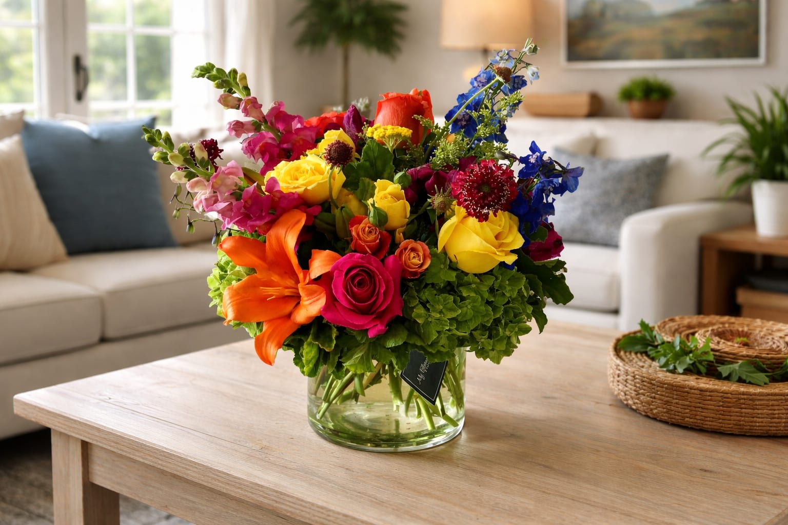 Colorful mixed bouquet in a clear glass vase on a coffee table