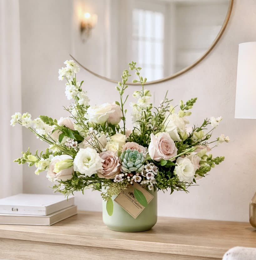 Pastel bouquet of roses and white blooms in a green vase