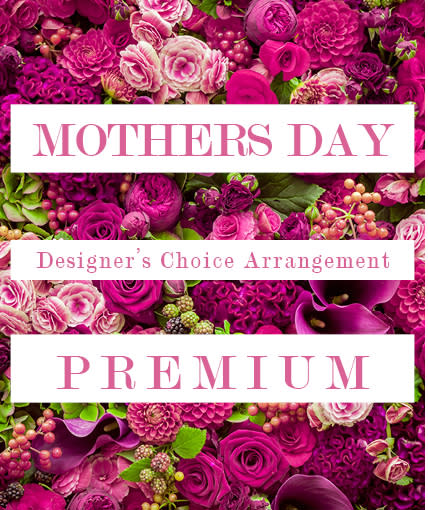 Bright pink and purple mixed flowers with Mothers Day premium text overlay