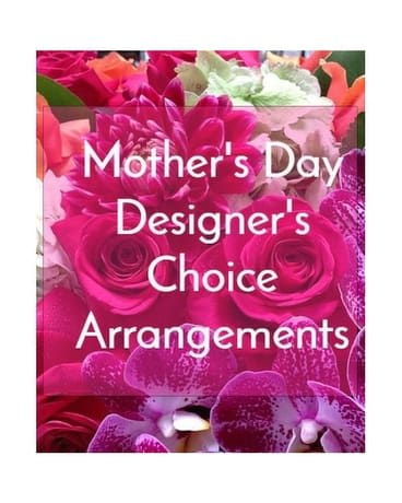 Graphic with pink roses, dahlias, and orchids with text reading Mother's Day Designer's Choice Arrangements