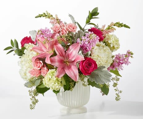 Antique Shopping Bouquet - A spectacularly striking arrangement of hot pink, pale pink, white and green blooms is artfully arranged by a local florist to convey your heartfelt message.