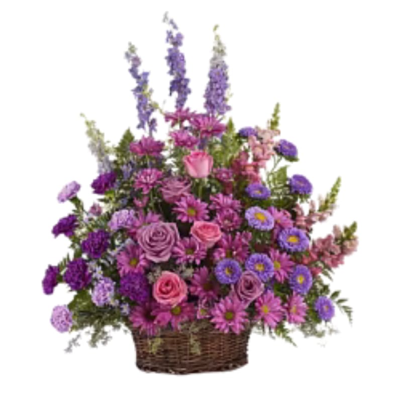 Gracious Lavender Basket - Soothing lavender respectful purple and compassionate pinks are combined beautifully in this basket overflowing with pretty flowers sincerity and sympathy. A lovely way to share your thoughts and pay tribute to someone special.