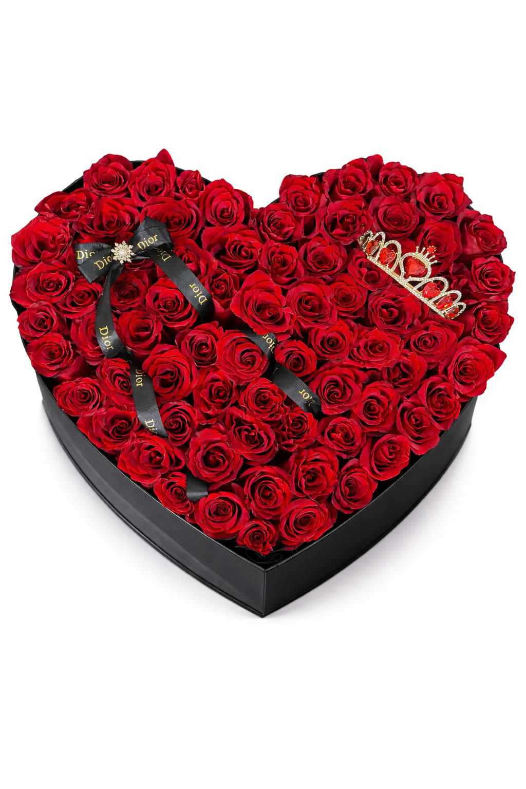 Queen of Love box - Un expertacular arreglo premium en forma de Corazon gigante  diseñado para imprecionar desde el primer momento con Una cantinas de flores aproximadamente de 100 Rosas y decorado con un sofisticado laso negro con estilo Dior.