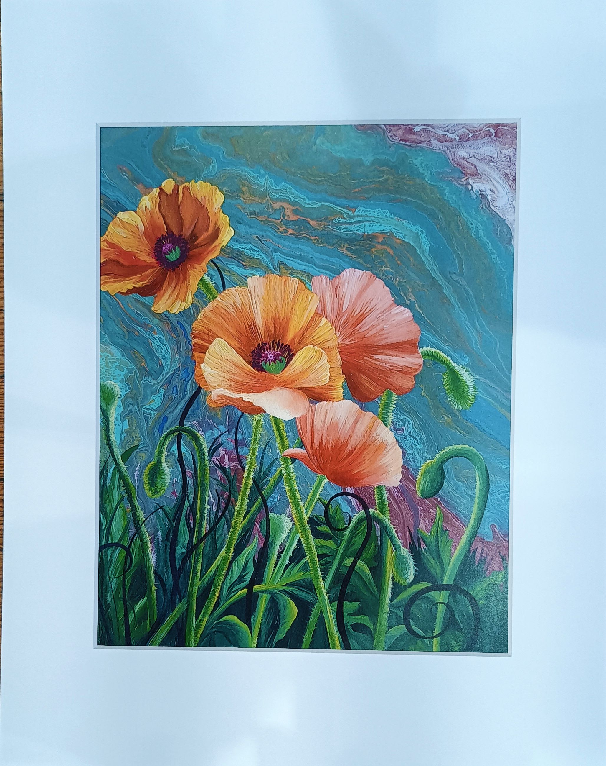 Framed floral artwork with orange and pink poppies on a blue background