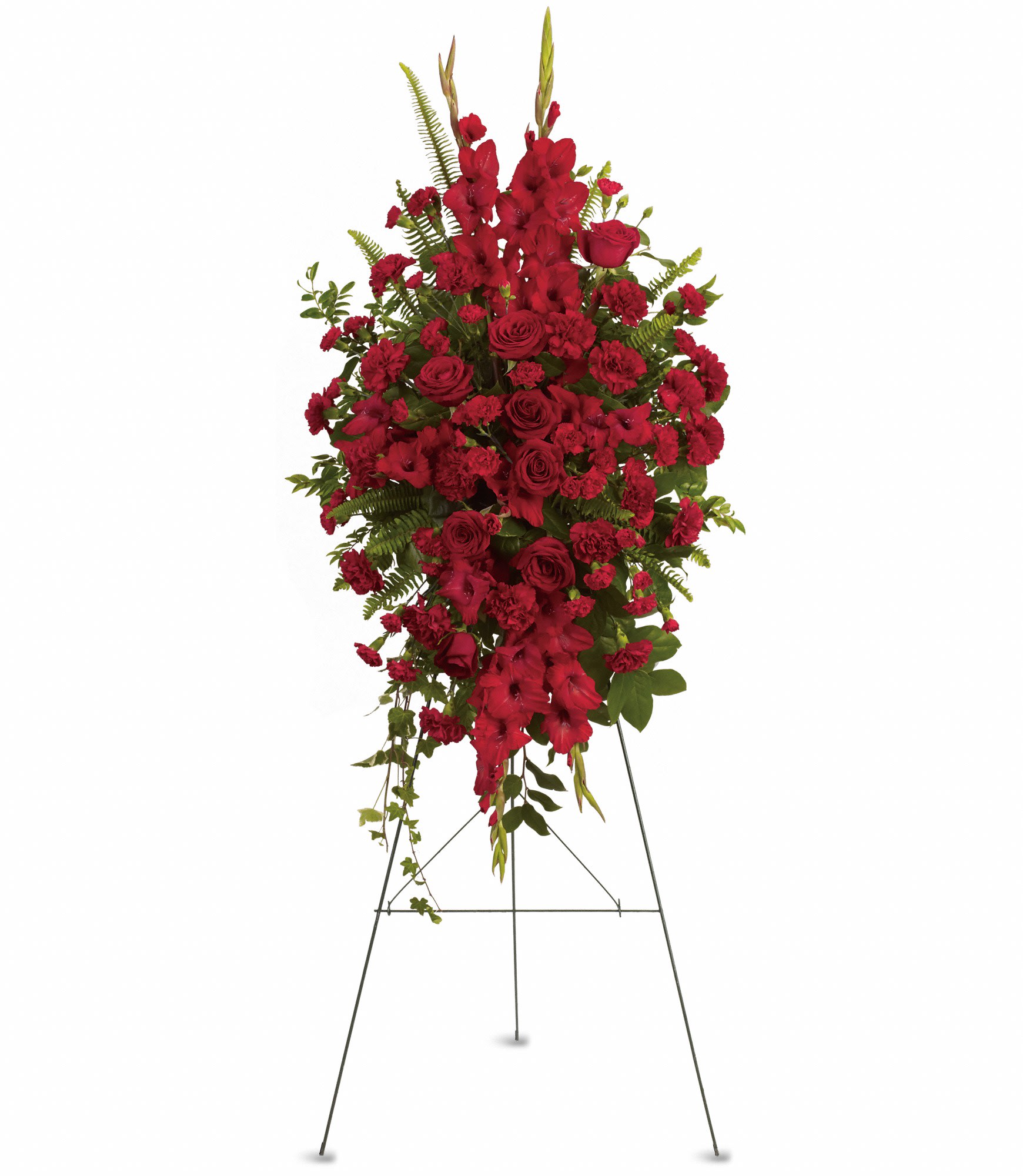 Tall red floral standing spray on an easel