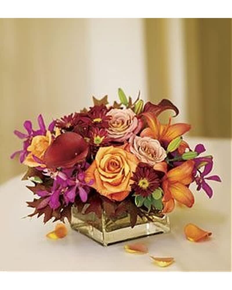 Low arrangement of orange and pink roses, lilies, and orchids in a clear glass cube vase