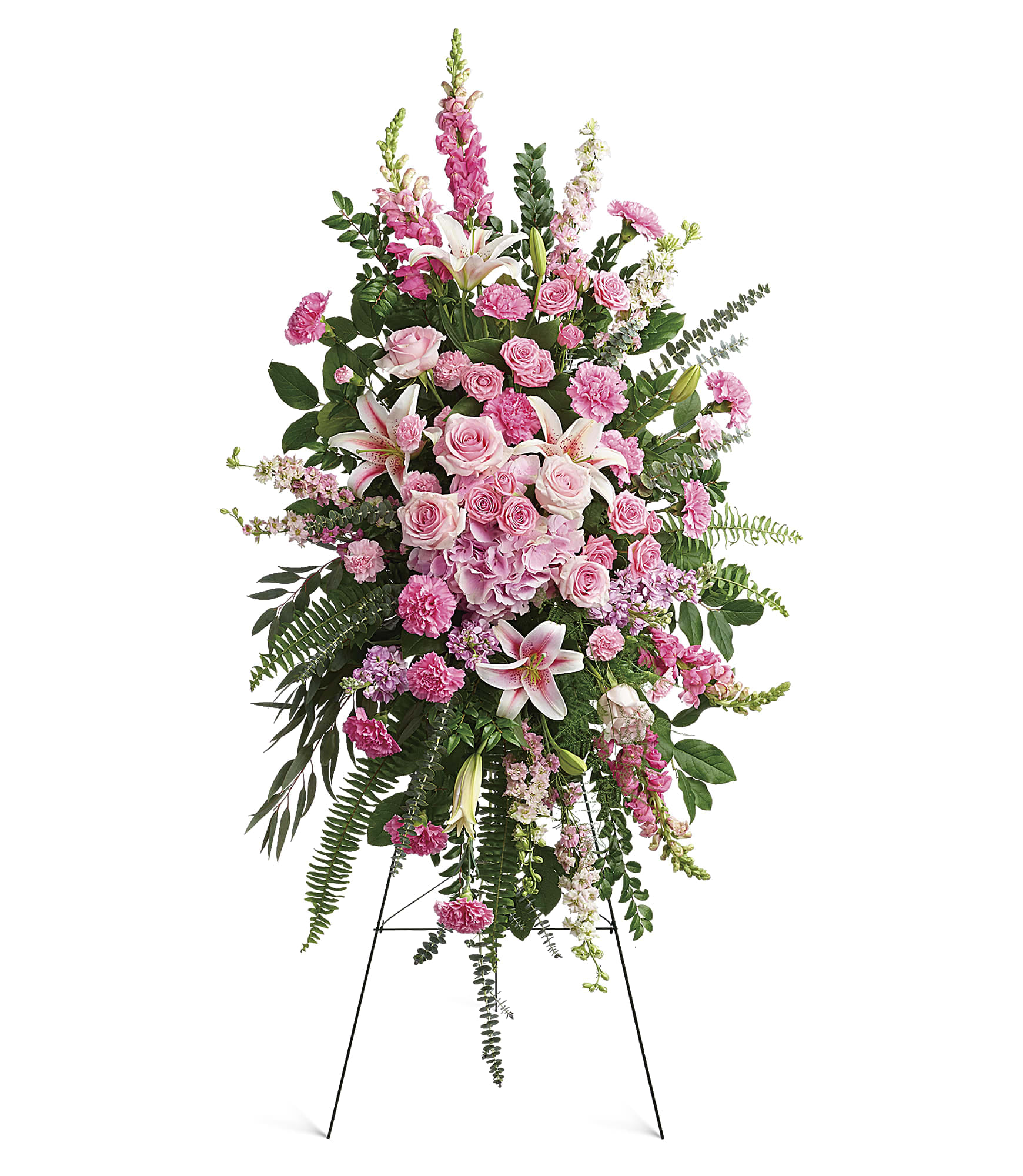 Tall pink floral standing spray on an easel with lilies and roses