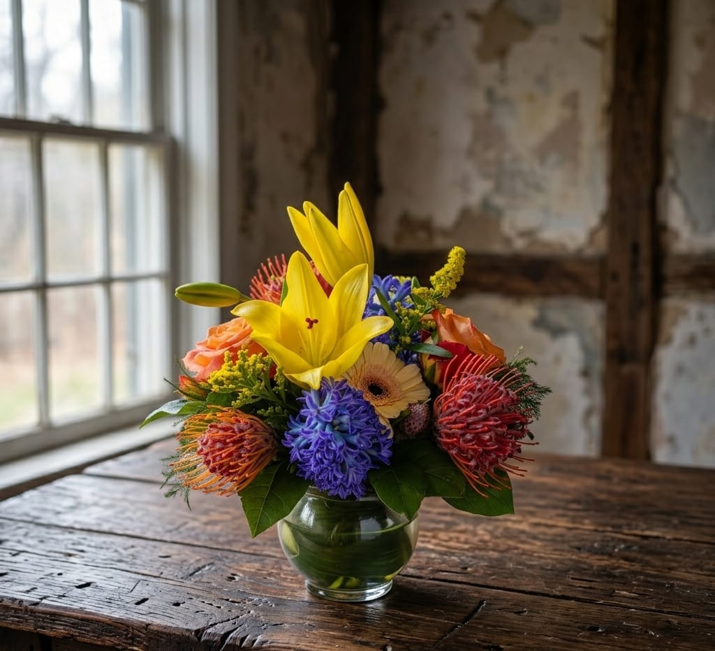 Mixed bouquet in a glass vase with yellow lilies and colorful blooms