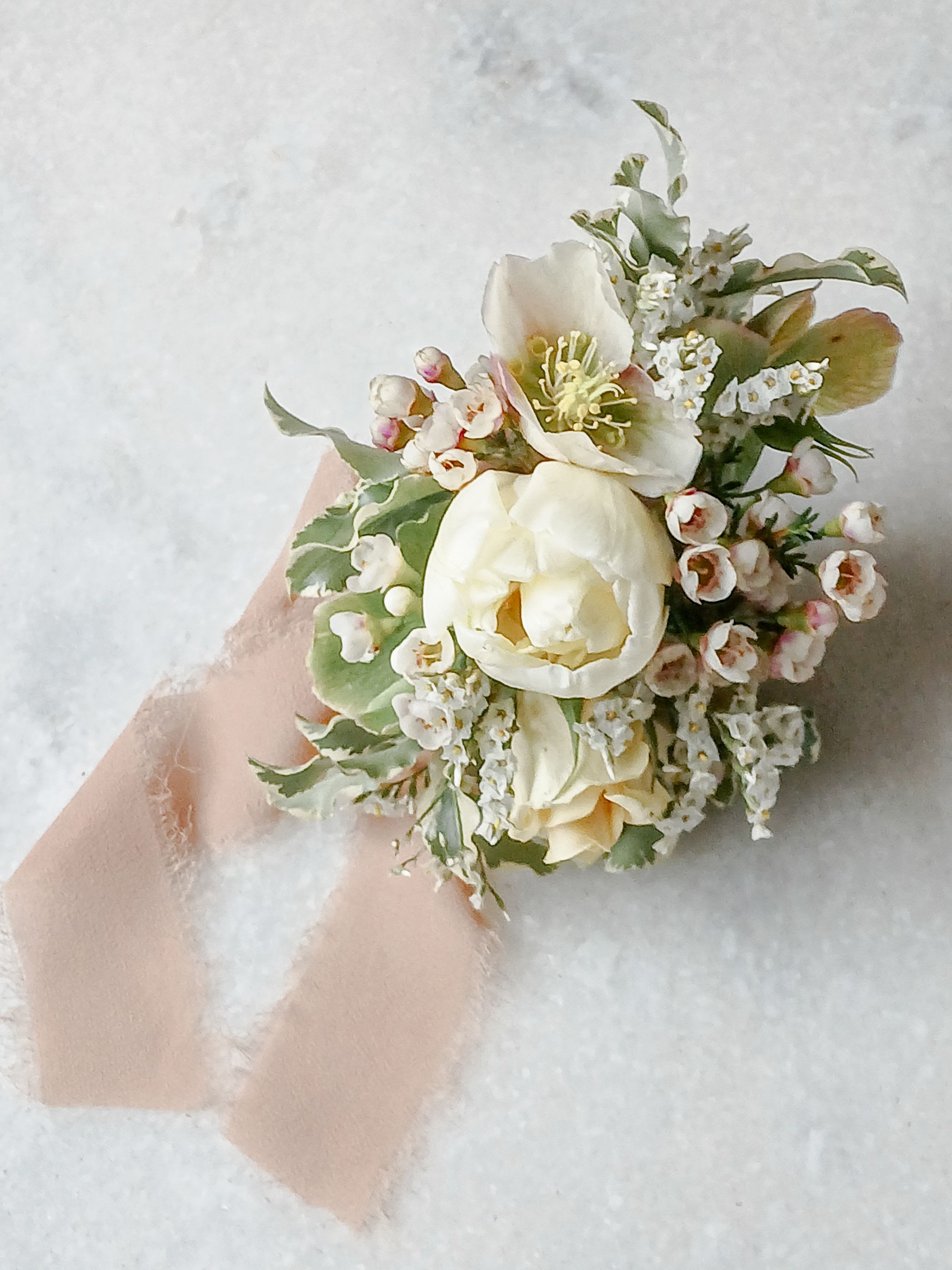 Small ivory floral bouquet with blush ribbon