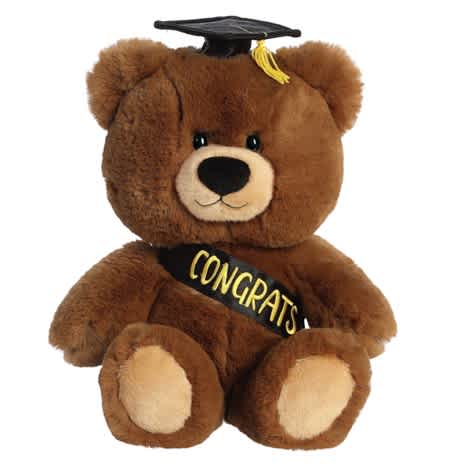 Brown teddy bear wearing a graduation cap and congrats sash