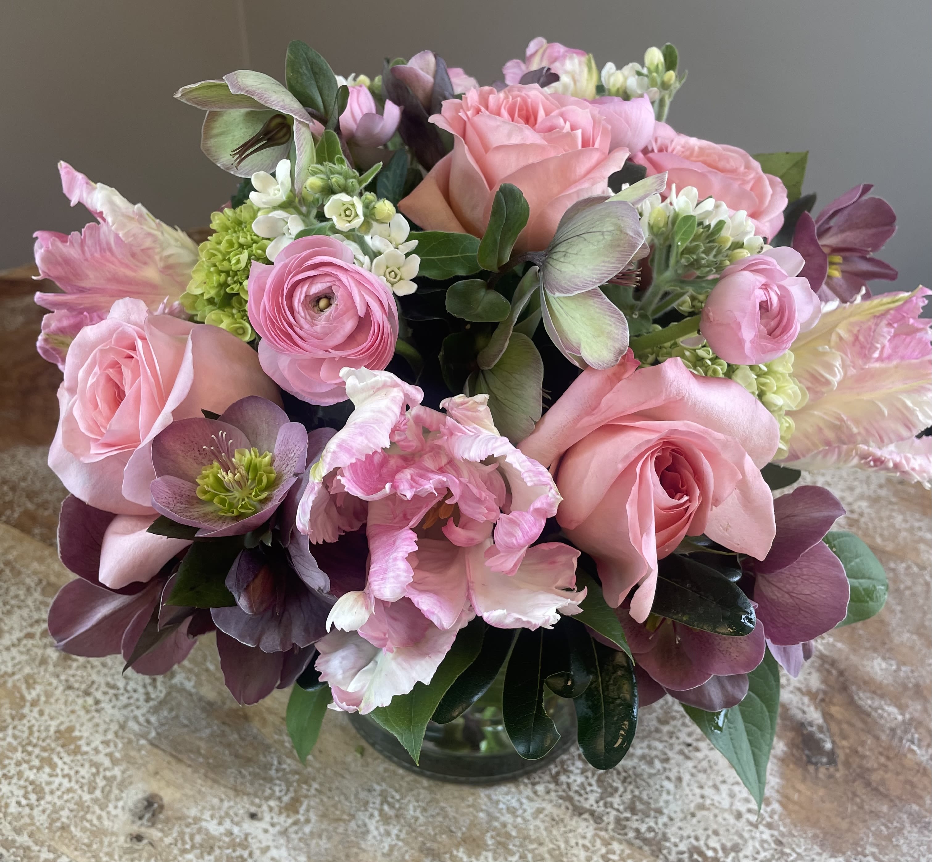 Dreaming in Pink - Roses, ranunculus, tweedia, tulips,hellebores, hydrangea and tweedia in shades of pink, white and green. 