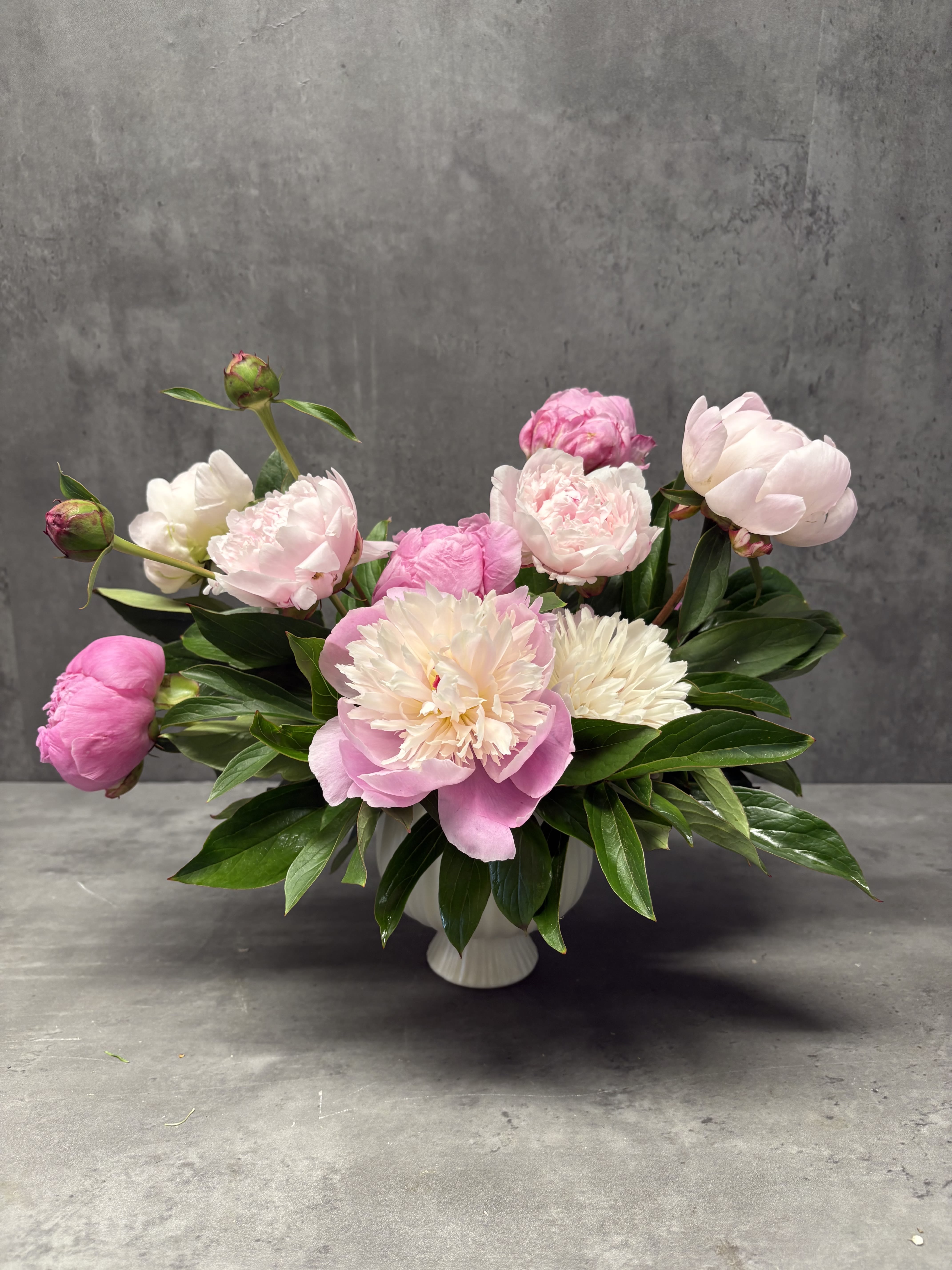 Pink and white peonies arranged in a white vase