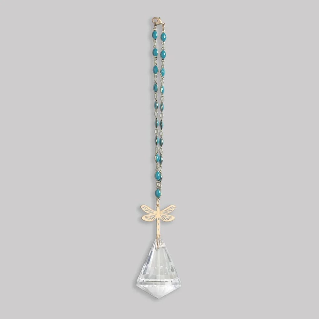 Hanging beaded ornament with gold dragonfly and clear crystal prism