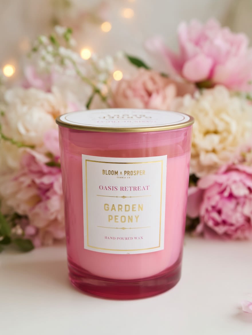 Garden Peony Hand Poured Wax Candle - A sparkling blend of dew covered peony illuminated by crisp notes of garden rose, sugared freesia, and bright marigold.  Perfect for Mother's Day or any special occasion!