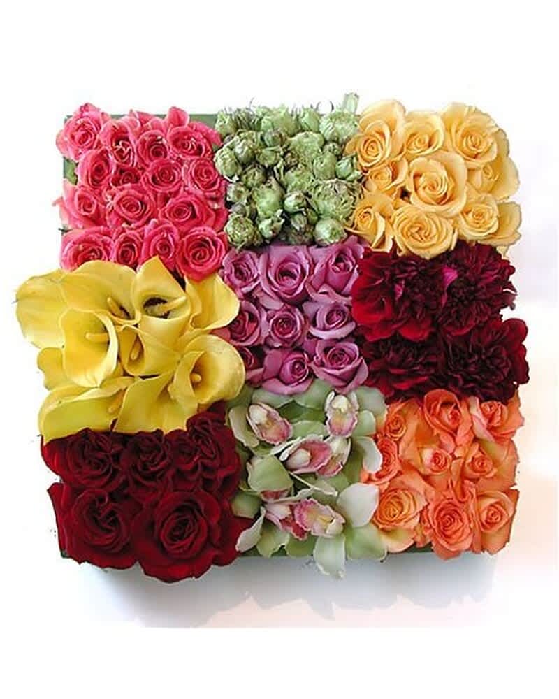 Square modern arrangement of roses, calla lilies, orchids, and other blooms in colorful blocks.