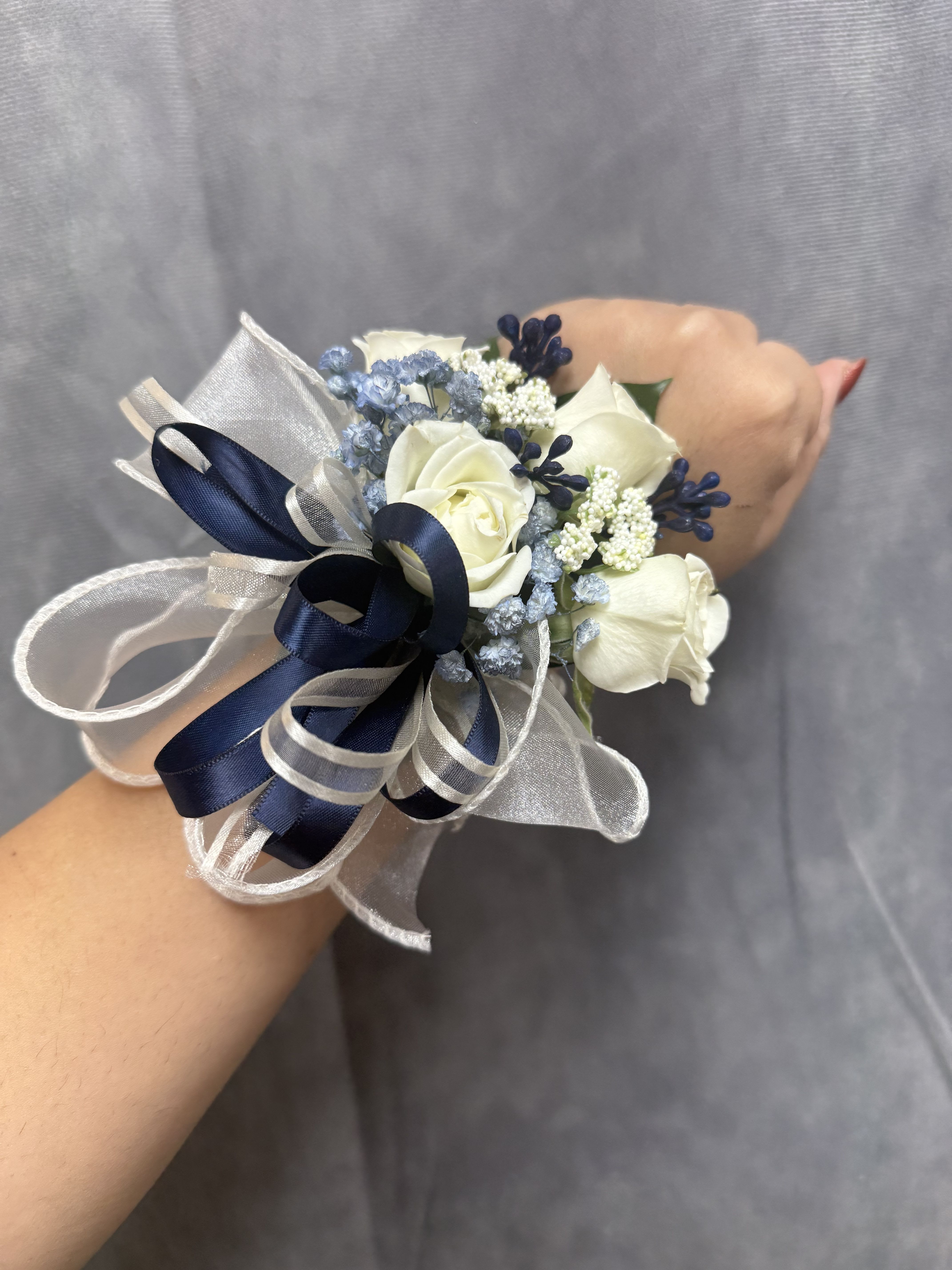 Baby blue Navy White spray roses wrist corsage - White spray roses with navy &amp; baby blue fillers with pearl bracelet