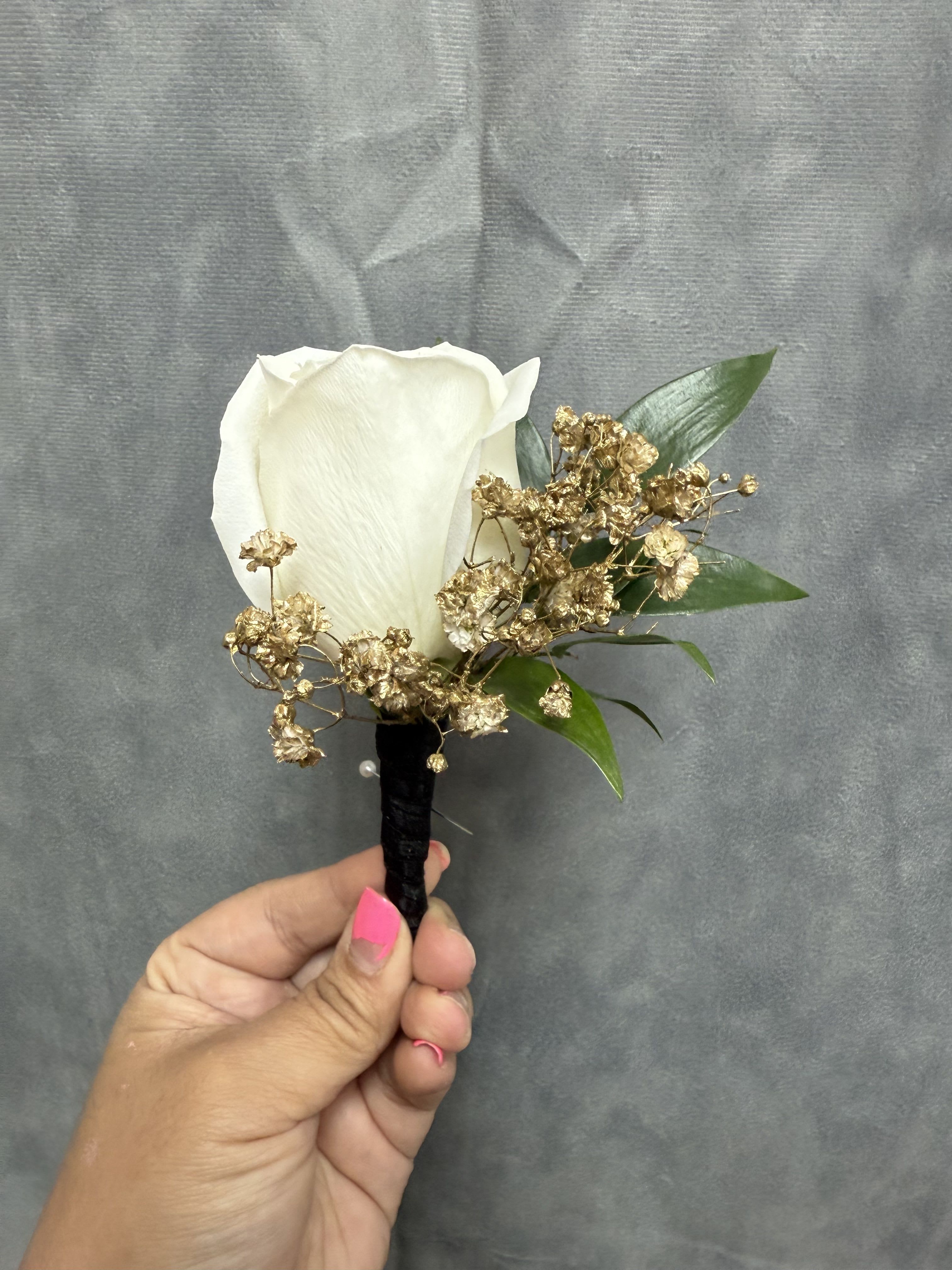 Black Gold white rose boutonnière  - White rose boutonnière with gold baby breath and black ribbon.