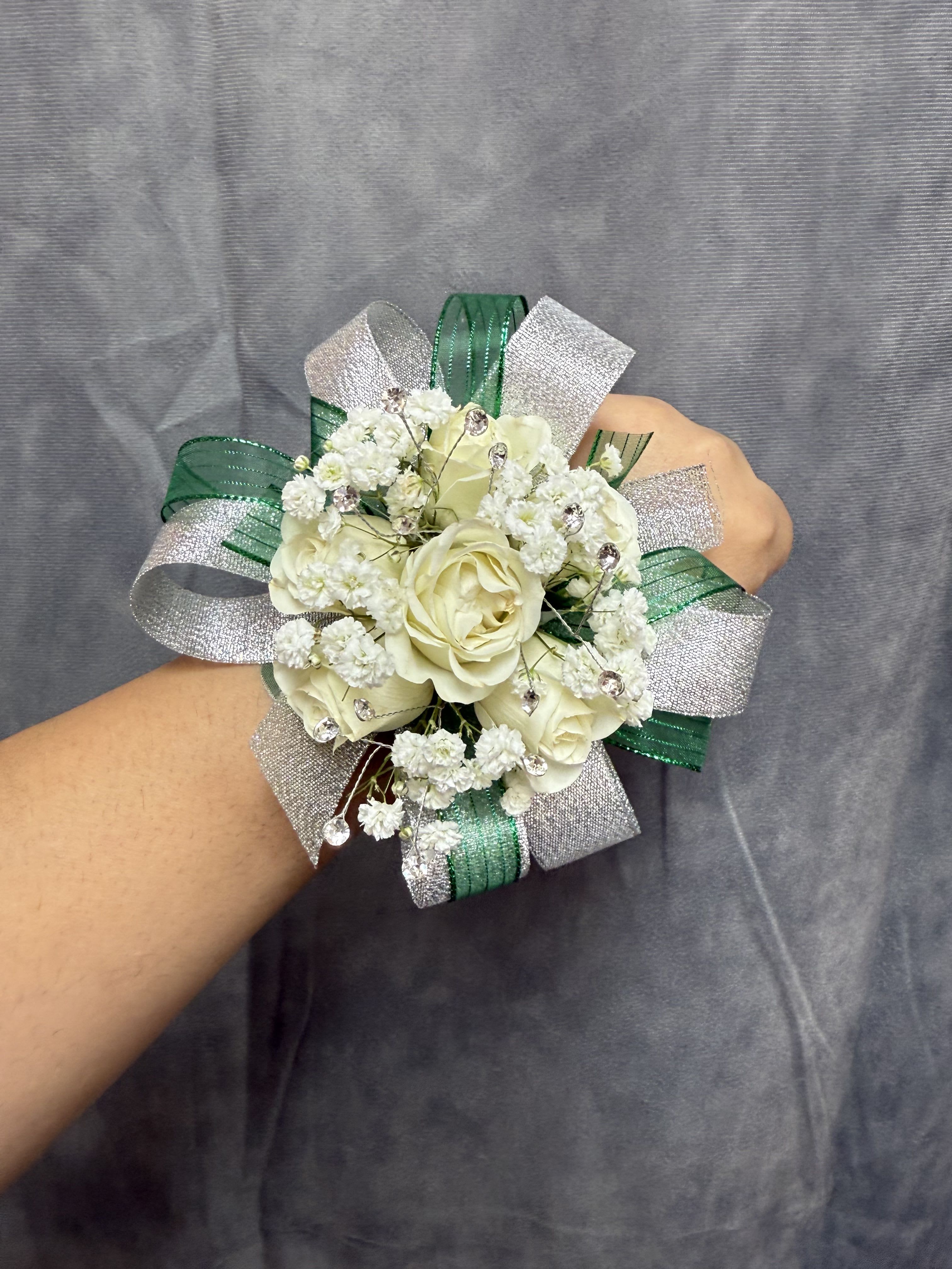 Emerald Green Sliver White Spray roses corsage - White spray roses with emerald green &amp; silver ribbon with diamond accents round corsage with pearl bracelet 