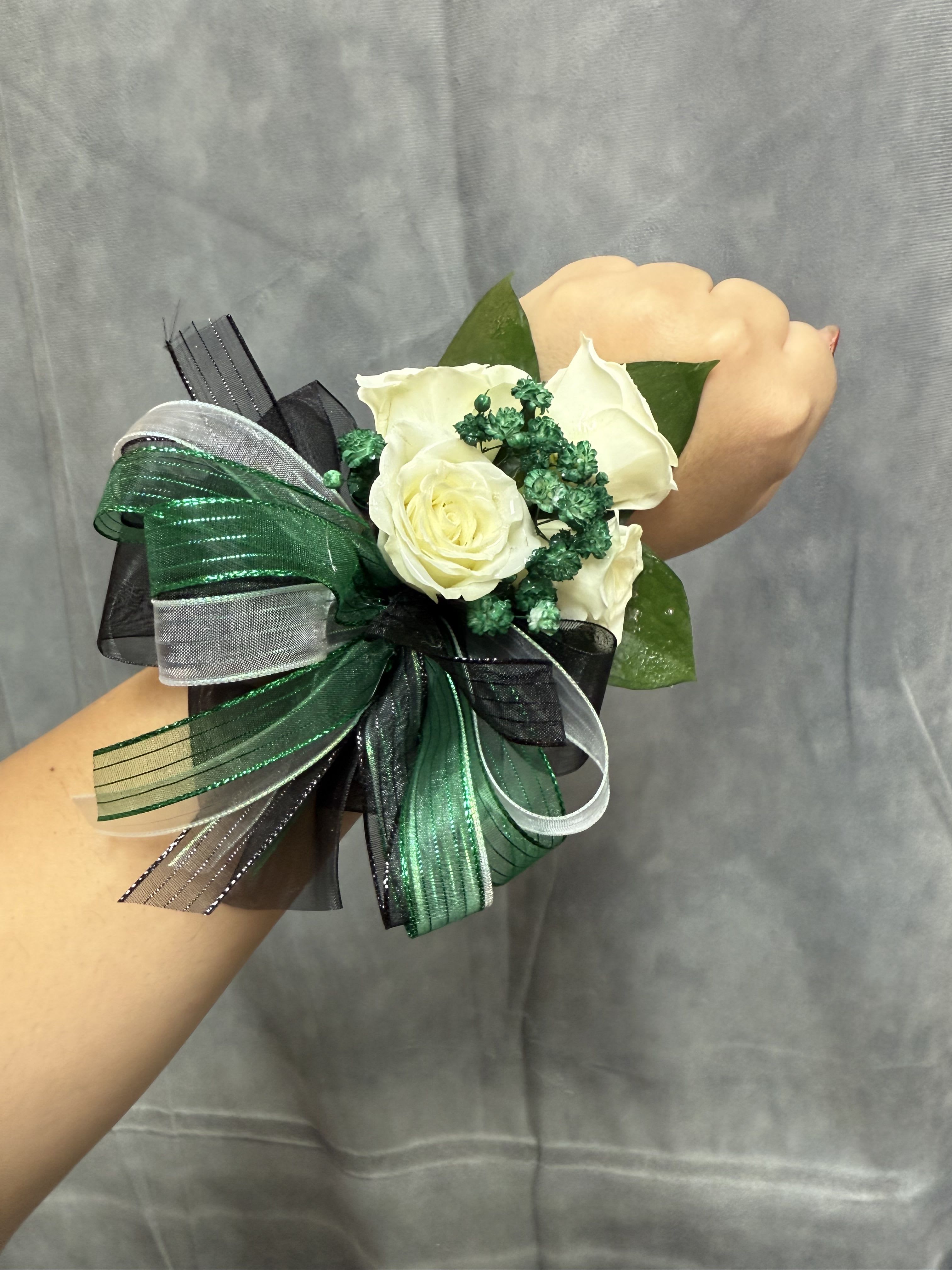 Emerald Green Black White spray roses corsage  - White spray roses with emerald green &amp; black ribbon wrist corsage with pearl bracelet 