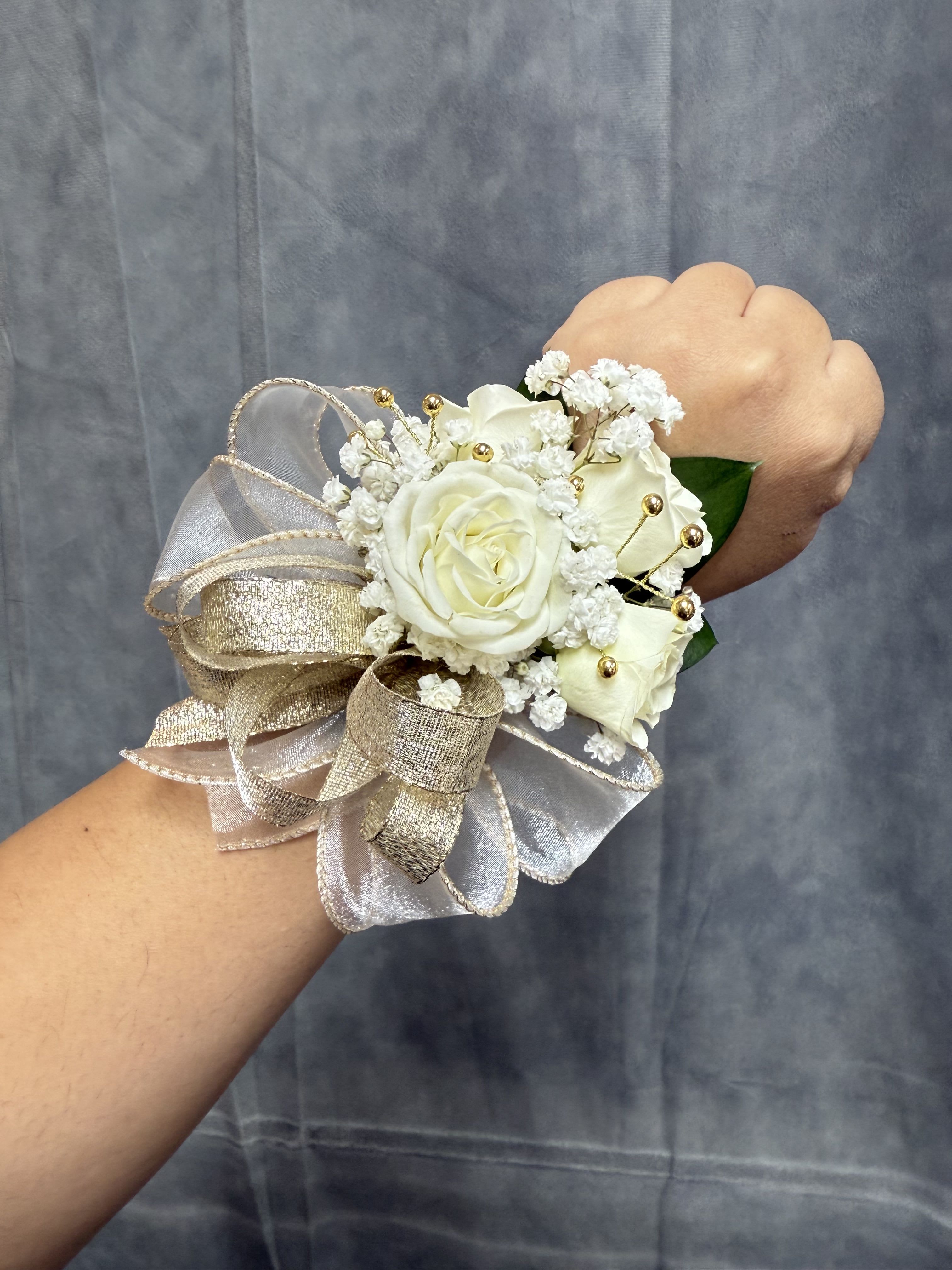 Gold White spray roses wrist corsage  - White spray roses with gold ribbon and gold accents wrist corsage with pearl bracelet 