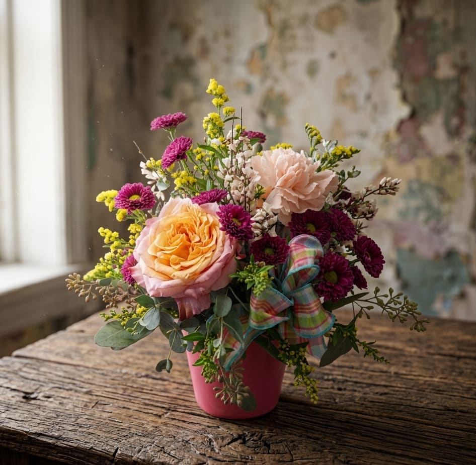 Pink and peach flowers arranged in a small pink pot with a plaid ribbon