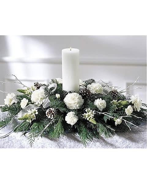 Winter Whites - This elegant winter style centerpiece is filled with the freshest of white flowers, winter branches, pine cones with a pillar candle in the middle. 