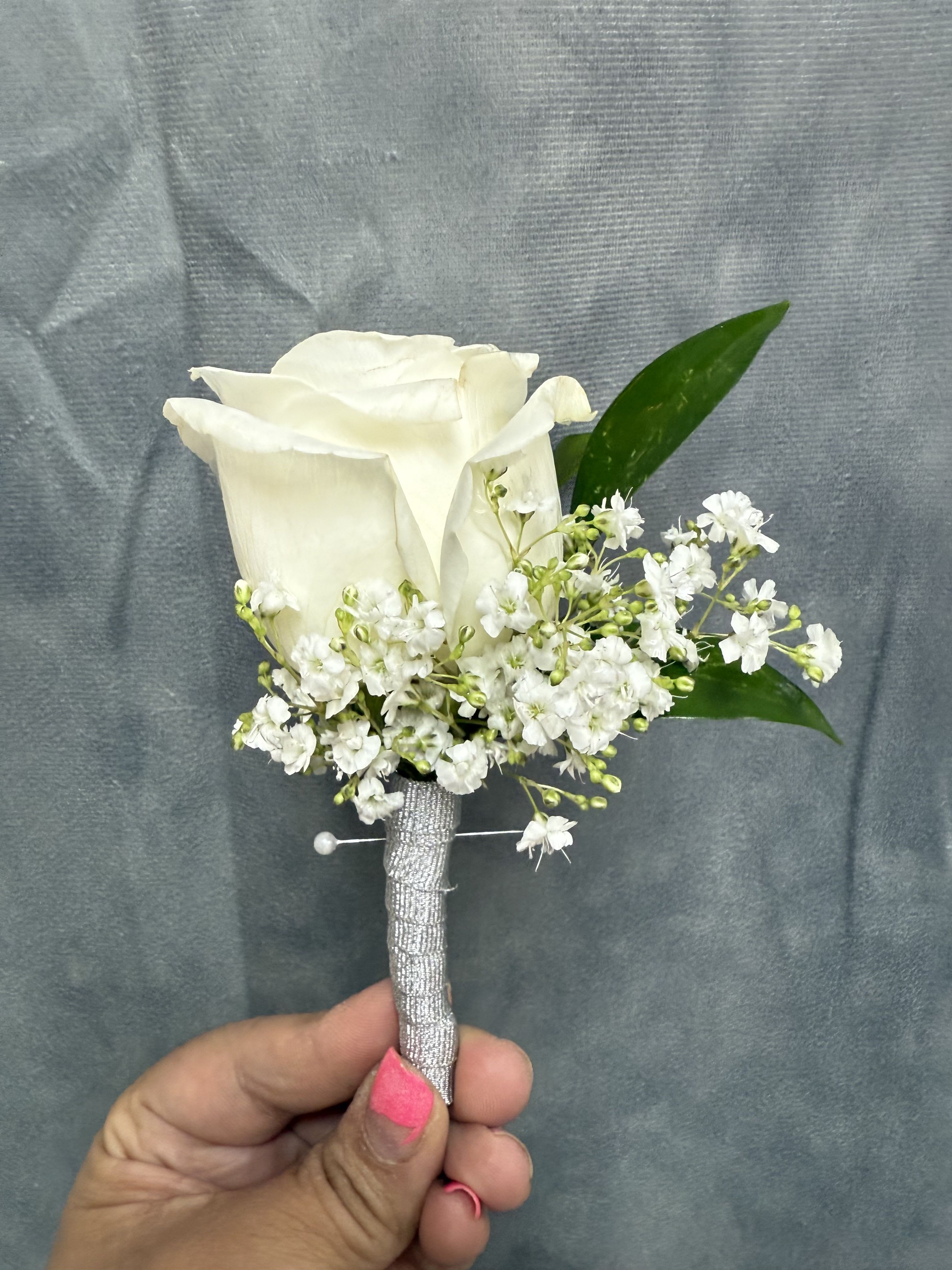 Silver White Rose Boutonniere  - White rose boutonnière with silver wrapping 