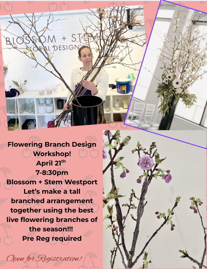 Spring Flower Arranging Workshop: Blooms &amp; Branches!  - The spring colors, the sweet smells and the general mood boosters!  Join us in studio to celebrate spring!  We are offering a great workshop focused on flowering branches! You have asked &amp; we feel it too!  April 21st 7-8:30pm featuring a taller arrangement.  We will be cutting and marveling at springs finest blossoms. You will have an opportunity to add flowers and foliages to your piece if you like as well.   Beverages and light bites.  You are welcome to BYOB as well.   Great for a night out with friends.  We will run the classes with a minimum of 3 guests and we max out at 20.  PLEASE CHOOSE PICK UP AT CHECK OUT SO YOU DONT GET CHARGED A DELIVERY FEE. :)  $165 includes all materials &amp; supplies *If you would like to sign up with a friend choose the Deluxe size - $305 total.  **If you would like to sign up as a trio, choose Premium - $450.00 ANY ISSUES OR INQUIRIES EMAIL HELLO@BLOSSOMSTEM.COM.  