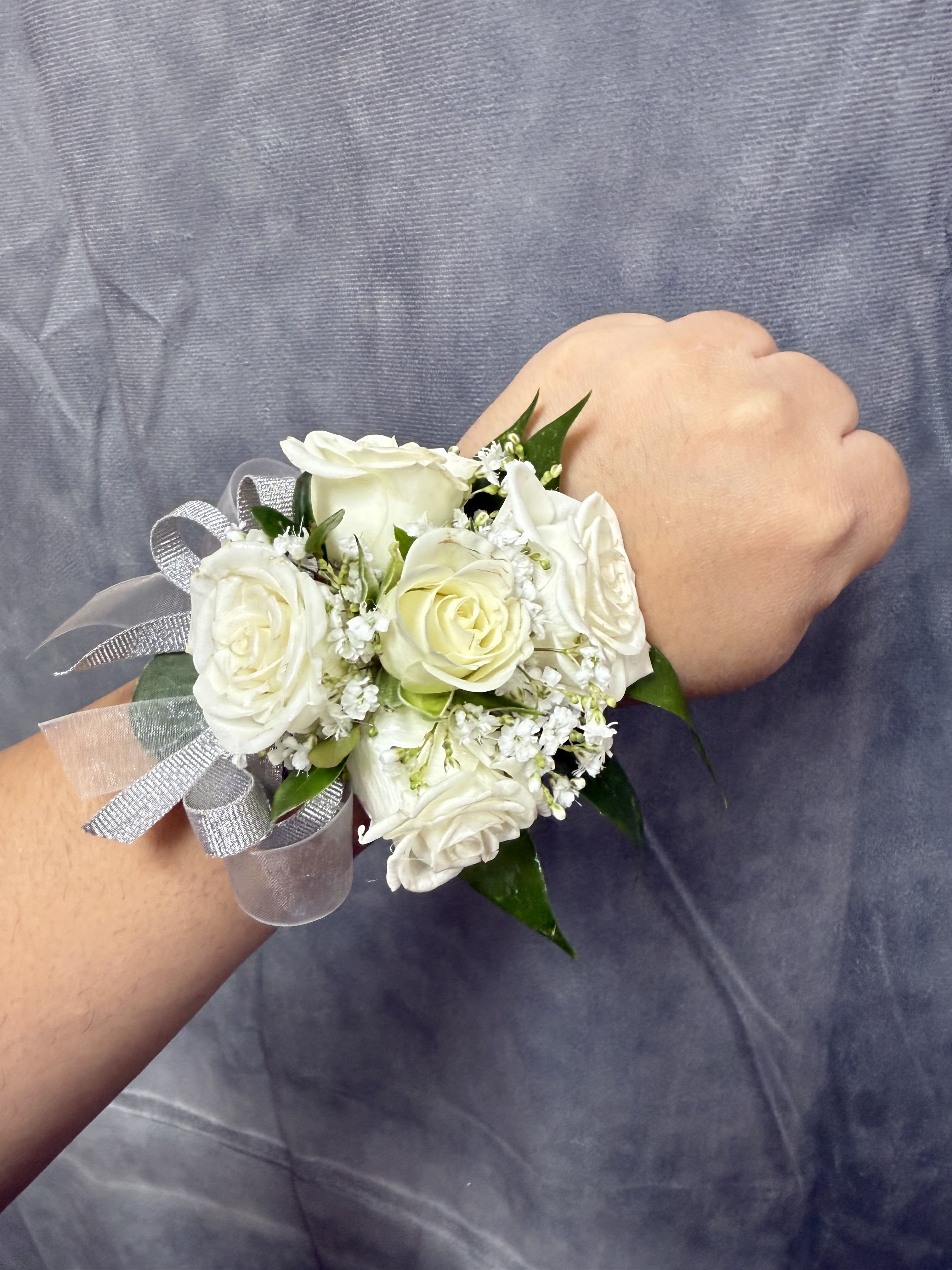 Silver White Spray Roses wrist Corsage - White spray roses wrist corsage with silver ribbon and pearl bracelet 