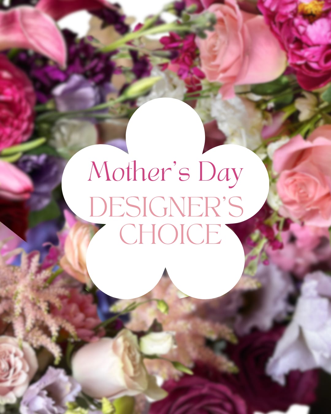 Mother's Day Designer's Choice - Let our designers create a beautiful floral arrangement for a mother in your life this Mother's Day! This arrangement is unique, each one will have different composition. Arranged in a glass vase, you will find the freshest spring flowers we have to offer! Colors will be shades of pink, white, and purple.  ***Flower content may vary depending on stock and availability. Please call ahead of time for specifics.