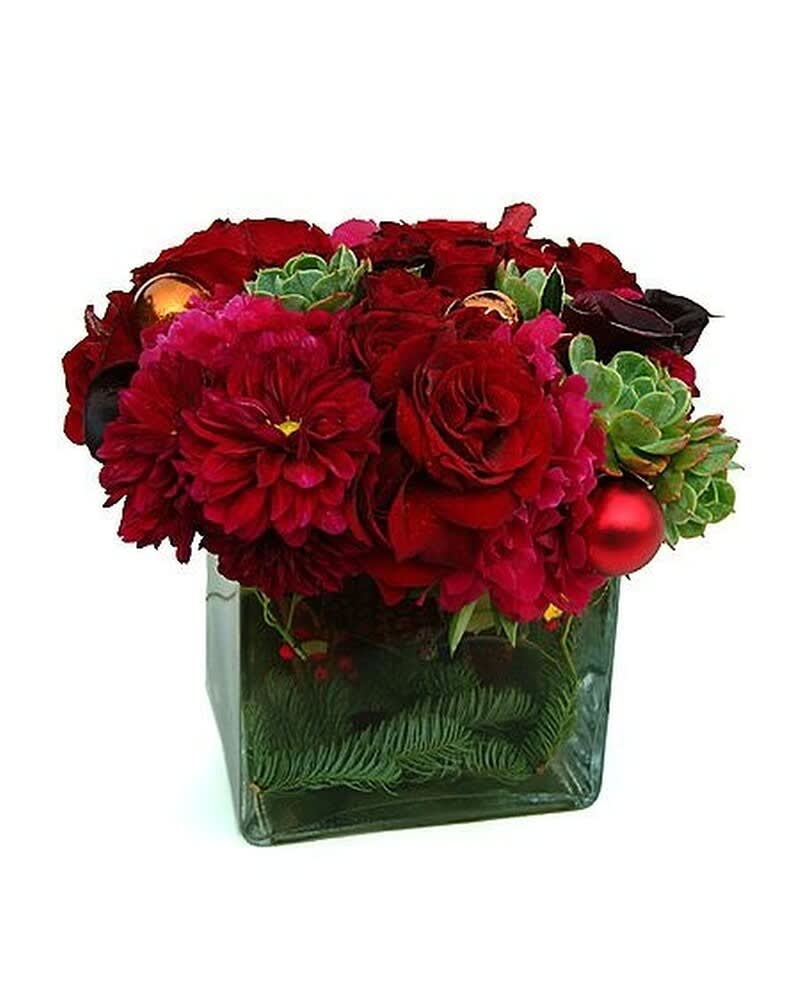 Low red and green floral arrangement with roses, dahlias, succulents, and ornaments in a clear glass cube vase
