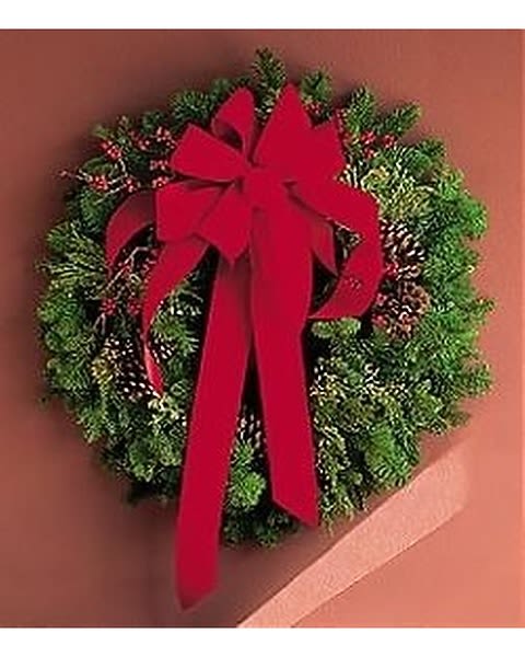 Wreath with Red Velvet Bow - This classic winter wreath will greet holiday visitors with the warmest of wishes. Just the right touch. 
