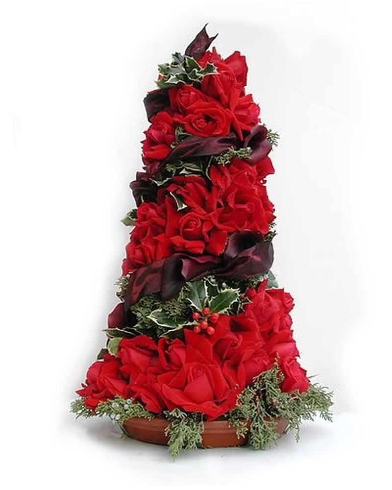 Tall cone-shaped arrangement of red roses with dark ribbon, holly, and evergreens in a shallow dish