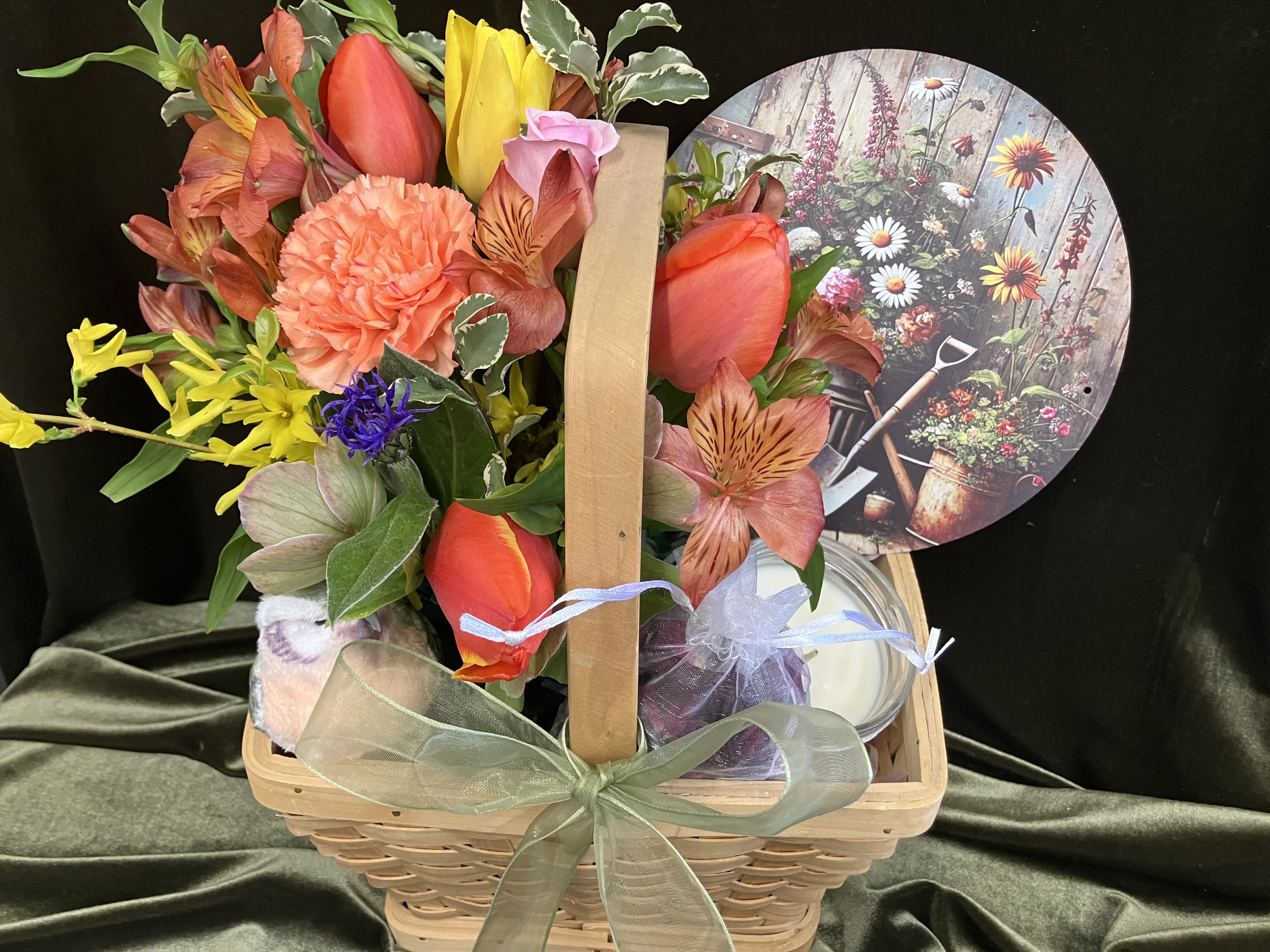Happy Spring Gift Basket - Send a lovely curated basket just in time for spring! Beautiful assortment of flowers, a cute metal sign, a large decorative bird, and a fresh lemon candle!