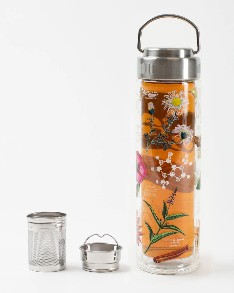Glass water bottle with floral print and metal tea infuser