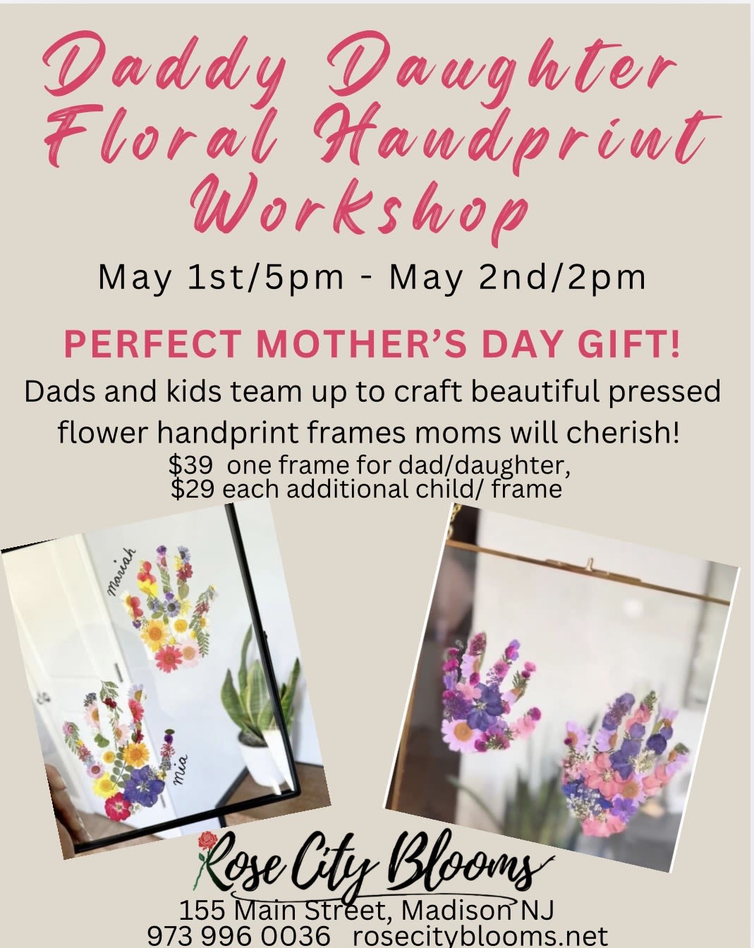 Daddy Daughter Floral Handprint Workshop MAY 2nd 2pm - SPACE IS LIMITED  - Create a warm, sentimental keepsake at our Floral Handprint Workshop - a daddy-daughter craft experience perfect for Mother's Day or a special family gift. This flower arrangement-style workshop centers on pressed-flower handprints, giving the person you're thinking of a playful, heart‑felt memento that reads like a tiny bouquet preserved in glass. 