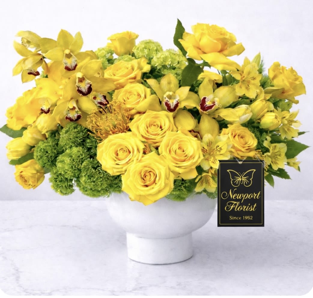 Bright Dawn - A bright, sunlit cluster of yellow roses and orchids makes this flower arrangement an instant mood-lifter - perfect as a birthday bouquet, a thank-you gift, or a cheerful spring centerpiece. The arrangement's compact, rounded silhouette and sunny color story read as joyful and thoughtful, the kind of floral gift that will make the person you're thinking of feel genuinely noticed and celebrated.  Tightly gathered in a clean white ceramic vase with a tasteful florist tag, the design pairs vivid yellow roses and yellow orchids with small green pom‑pom blooms and white accents for texture and contrast. The finished bouquet is full and dense, offering strong visual impact from every angle; the ceramic vessel provides easy placement on a table or desk. Choose the Premium option to increase the flower quantity for a fuller, longer-lasting display.