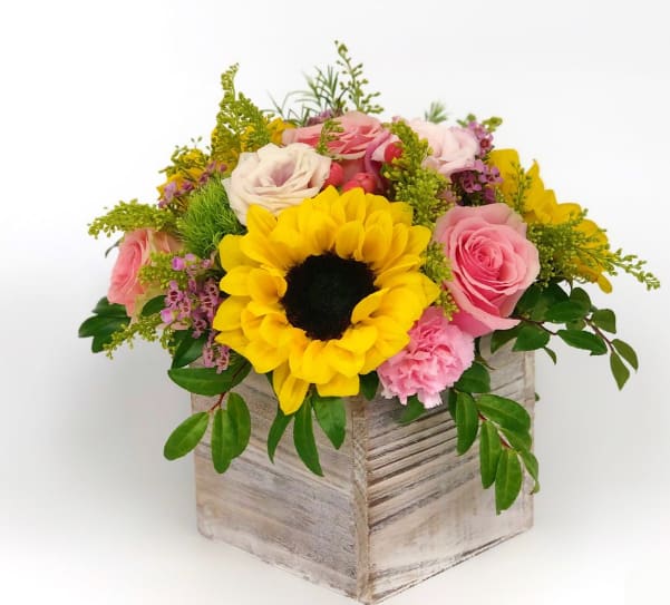 Mimosas with Mom "Building Memories Bouquet" per person - You will create your own bouquet with your choice of a Rose or Gerbera daisy, 1-alstromeria lily, 2 carnations, 1-sunflower, and greenery in a wooden box!