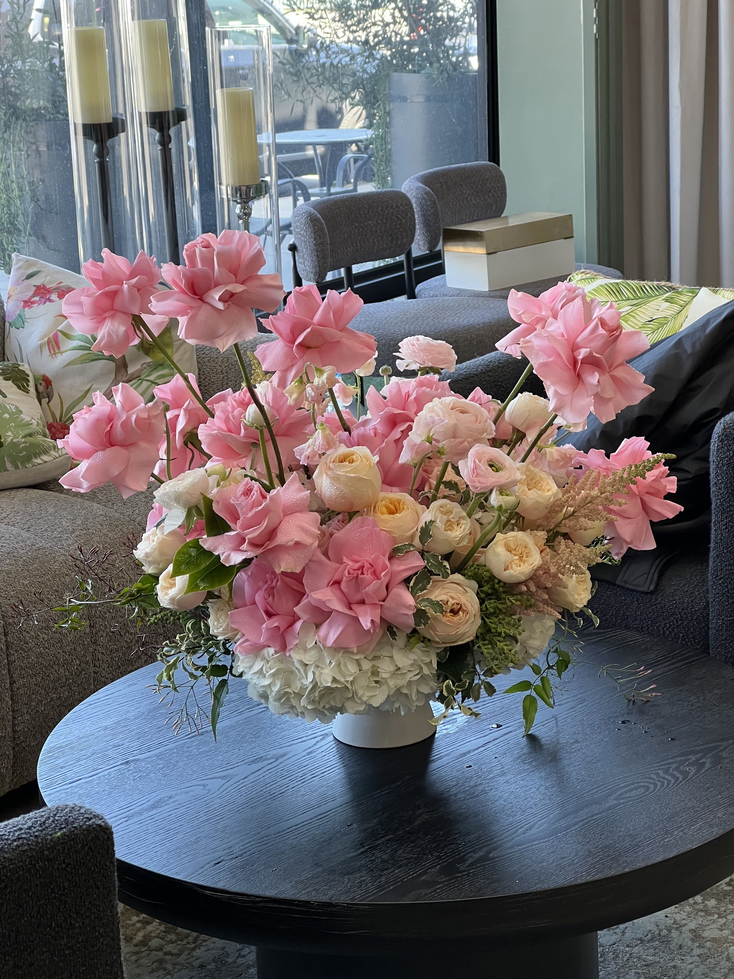 Good Morning  - An irresistible mix of reflexed pink Roses, Garden Roses, Ranunculus, Hydrangea, and other assorted blooms